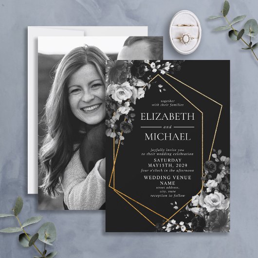 Modern Black Gold Geometric Floral Photo Wedding Kaart