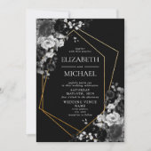 Modern Black Gold Geometric Floral Photo Wedding Kaart (Voorkant)