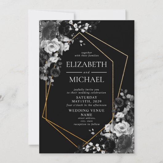 Modern Black Gold Geometric Floral Photo Wedding Kaart (Voorkant)