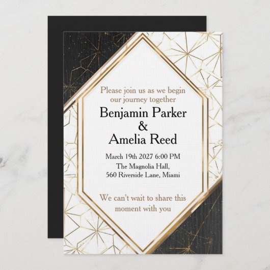 Modern Black Gold Geometric Wedding Invitation Kaart (Voorkant / Achterkant)
