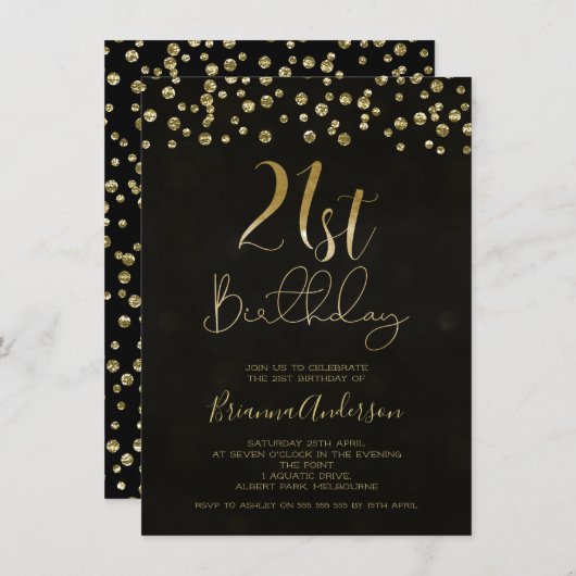 Modern Black Gold Glitter 21st Birthday Invitation Kaart (Voorkant / Achterkant)
