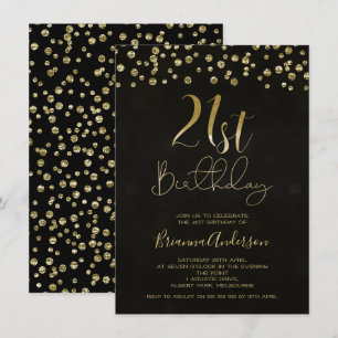Modern Black Gold Glitter 21st Birthday Invitation Kaart