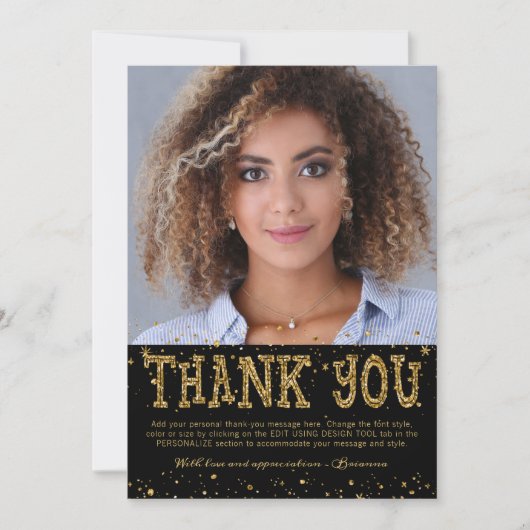 Modern Black Gold Glitter 2 Photo Afstuderen Bedankkaart (Voorkant)