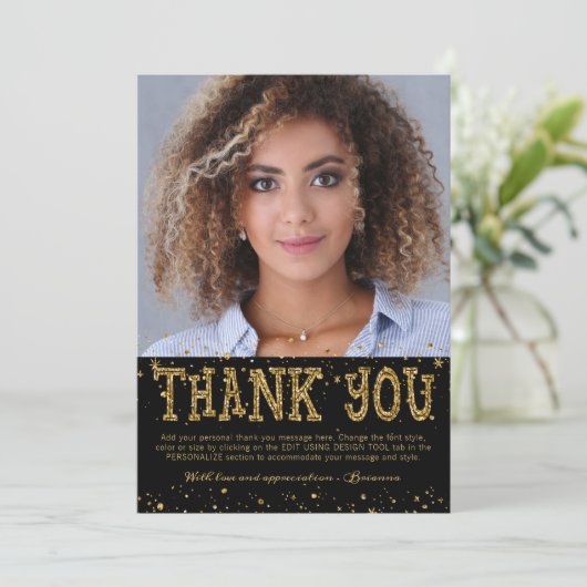 Modern Black Gold Glitter 2 Photo Afstuderen Bedankkaart (Staand voorkant)