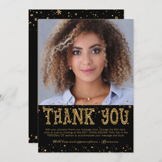 Modern Black Gold Glitter 2 Photo Afstuderen Bedankkaart (Voorkant / Achterkant)