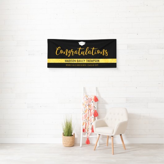 Modern Black Gold Glitter-Afstuderen Spandoek (Insitu)