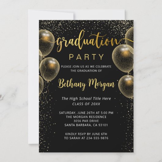 Modern Black Gold Glitter Ballon Afstuderen Foto Kaart (Achterkant)