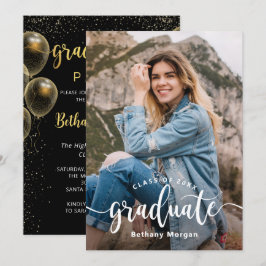 Modern Black Gold Glitter Ballon Afstuderen Foto Kaart