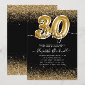 Modern Black Gold Glitter Balloon 30th Birthday Kaart (Voorkant / Achterkant)