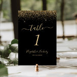 Modern Black Gold Glitter Edge Wedding Kaart<br><div class="desc">De bovenste rand van dit elegante moderne huwelijkstafelnummer heeft een gouden faux glitter ontwerp. De aanpasbare tekst combineert bleke goudkleurige handschriften,  koperplaat en cursieve lettertypen op een zwarte achtergrond.</div>