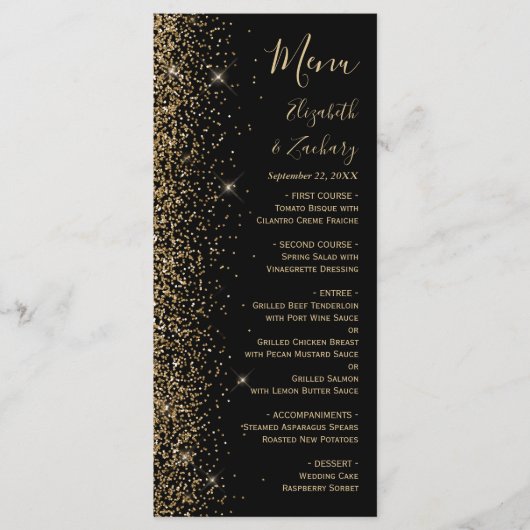 Modern Black Gold Glitter Edge Wedding Menu (Voorkant)