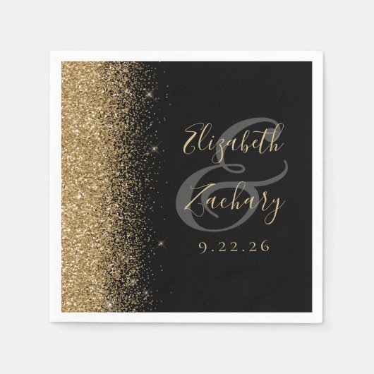 Modern Black Gold Glitter Edge Wedding Servet (Voorkant)