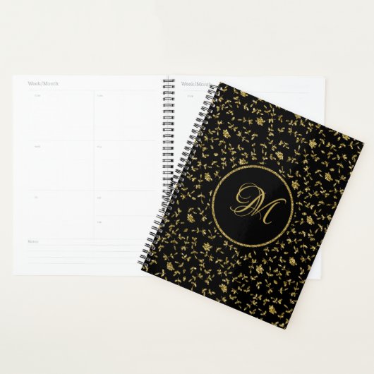 Modern Black Gold Glitter Girly Flowers Planner (Display)