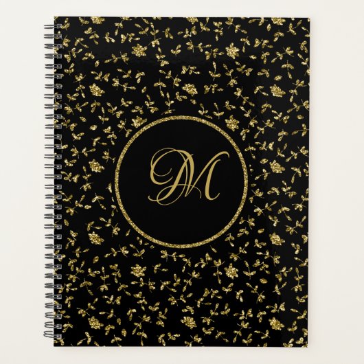 Modern Black Gold Glitter Girly Flowers Planner (Voorkant)