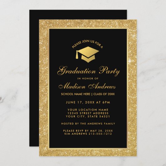 Modern Black Gold Glitter Gradution Party Invite Kaart (Voorkant / Achterkant)