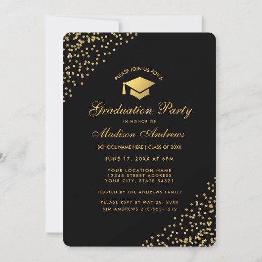 Modern Black Gold Glitter Gradution Party Invite Kaart (Voorkant)