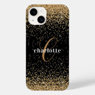 Modern Black Gold Glitter Monogram Name Party Case-Mate iPhone 14 Hoesje
