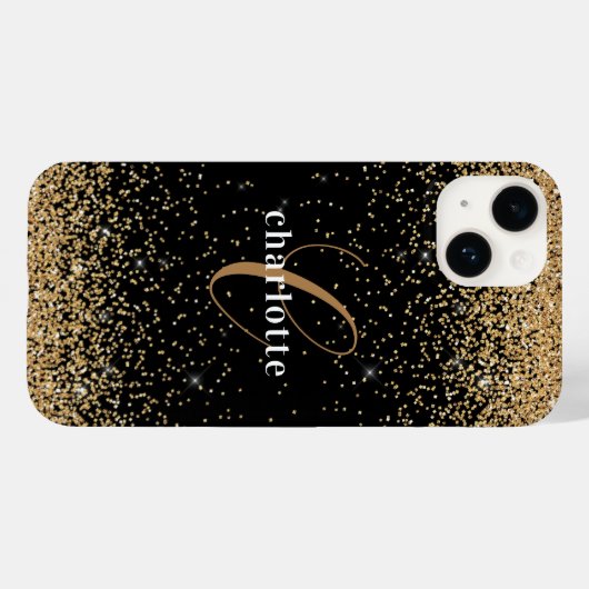 Modern Black Gold Glitter Monogram Name Party Case-Mate iPhone Case (Achterkant (horizontaal))