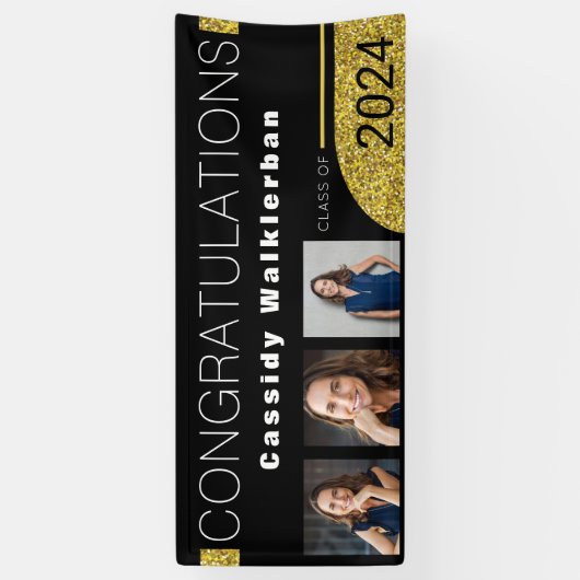 Modern Black Gold Glitter Photo Afstuderen Spandoek (Verticaal)