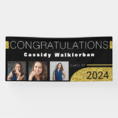 Modern Black Gold Glitter Photo Afstuderen Spandoek (Horizontaal)