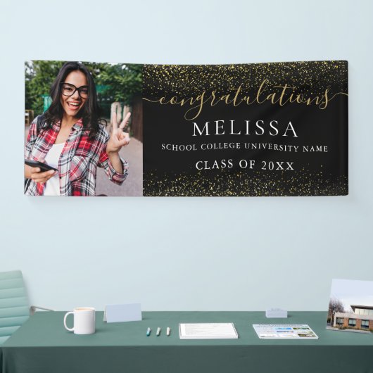 Modern Black Gold Glitter Photo Afstuderen Spandoek (Beurs)