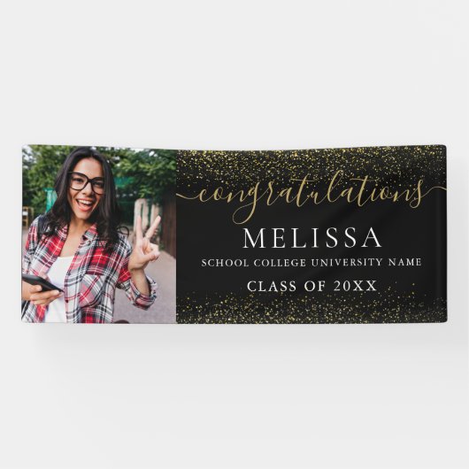 Modern Black Gold Glitter Photo Afstuderen Spandoek (Horizontaal)