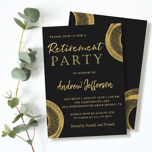 Modern Black Gold Glitter Retirement Party Invite Kaart