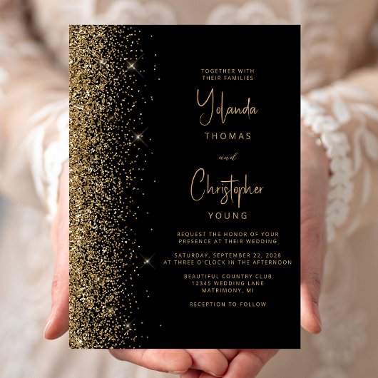 Modern Black Gold Glitter Trendy Wedding Kaart