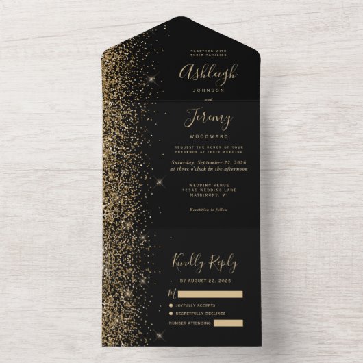 Modern Black Gold Glitter Wedding All In One Uitnodiging (Binnen)