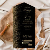 Modern Black Gold Glitter Wedding All In One Uitnodiging