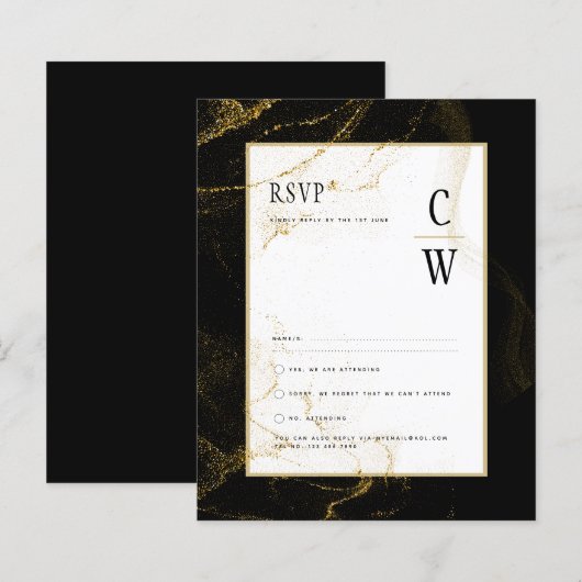 Modern Black Gold Glitter Wedding RSVP (Voorkant / Achterkant)