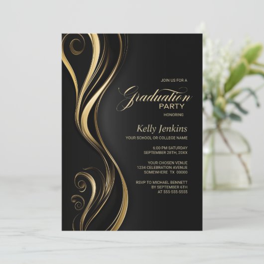 Modern Black Gold Graduation Party Kaart (Staand voorkant)