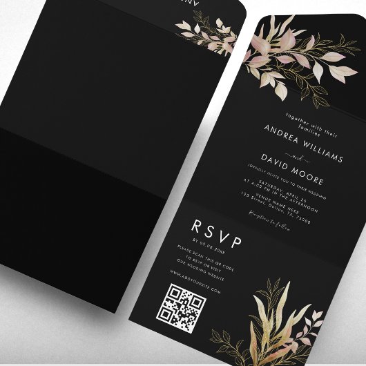 Modern Black & Gold Greenery QR Code RSVP Weddensc All In One Uitnodiging