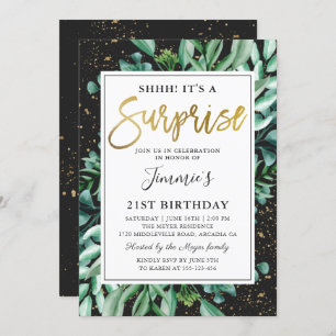 Modern Black Gold Greenery Surprise Birthday Kaart