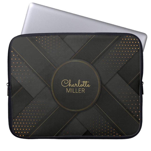Modern Black-Gold Halftone Patroon en aangepaste n Laptop Sleeve (Voorkant)