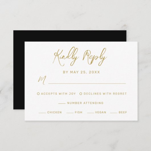 Modern Black Gold Hand Lettered Meals Wedding RSVP Kaartje (Voorkant / Achterkant)