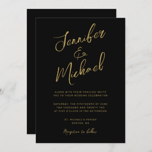 Modern Black Gold Hand Lettered Script Wedding Kaart (Voorkant / Achterkant)