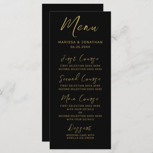 Modern Black Gold Hand Lettered Script Wedding Menu (Voorkant / Achterkant)