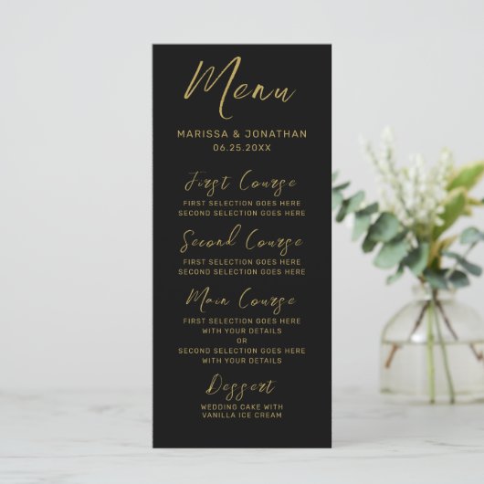 Modern Black Gold Hand Lettered Script Wedding Menu (Staand voorkant)