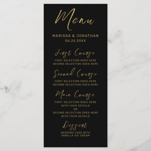 Modern Black Gold Hand Lettered Script Wedding Menu (Voorkant)