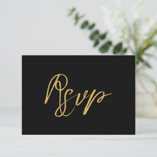 Modern Black Gold Hand Lettered Script Wedding RSVP Kaartje (Staand voorkant)