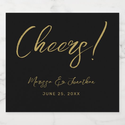 Modern Black Gold Hand Lettered Script Wedding Sparkling Wijnetiket (Enkel label)