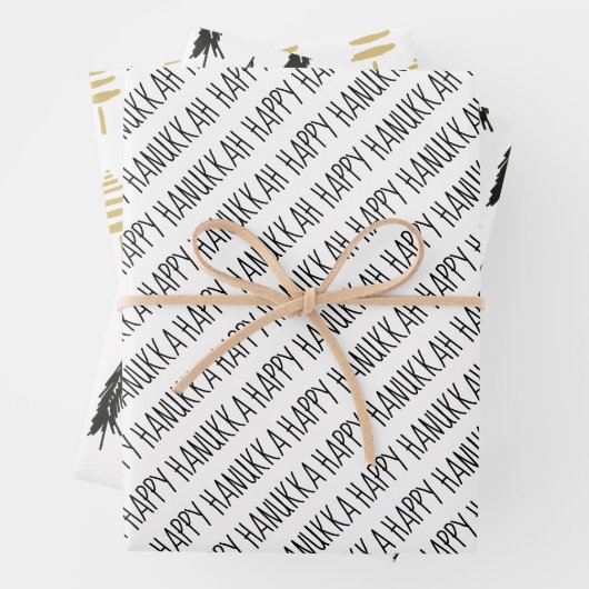 Modern Black & Gold Happy Hanukkah Trees Inpakpapier Vel (In situ)