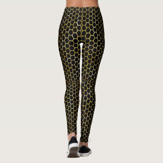 Modern Black Gold Hexagon Beehive Abstract Patroon Leggings (Achterkant)