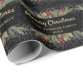 Modern Black Gold Holly Berries kerstfeest Cadeaupapier (Rol Hoek)