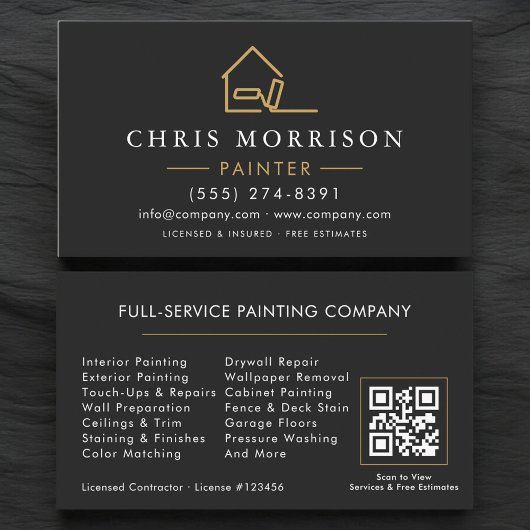 Modern Black Gold House Painter QR Code Visitekaartje