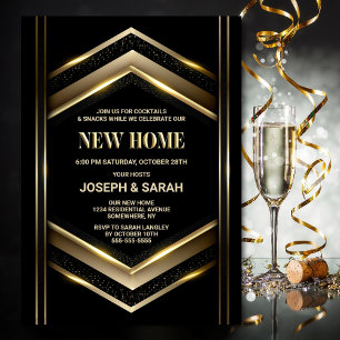 Modern Black Gold Housewarming Party Kaart