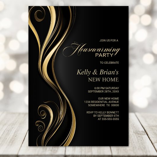 Modern Black Gold Housewarming Party Kaart