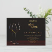 Modern Black Gold Housewarming Party Wine Glass Kaart (Staand voorkant)