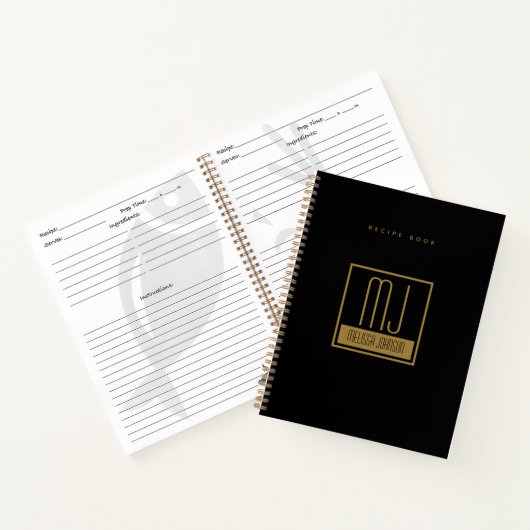 Modern Black Gold Initiaal Monogram Recipe Cookboo Notitieboek (Binnen)